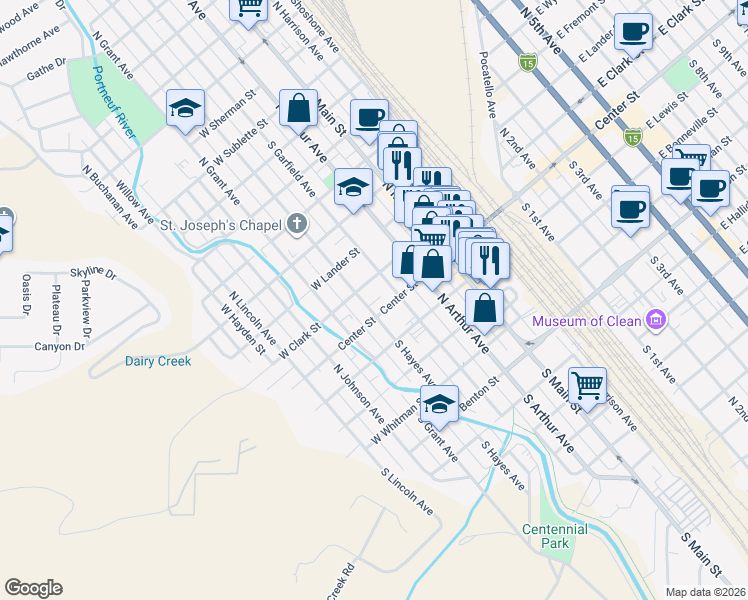 map of restaurants, bars, coffee shops, grocery stores, and more near 125 N Garfield Ave in Pocatello