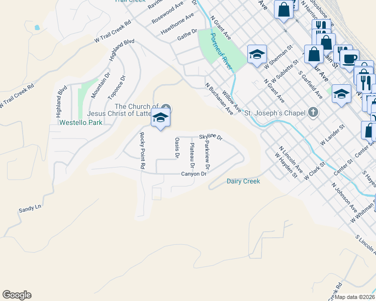 map of restaurants, bars, coffee shops, grocery stores, and more near 157-171 Mesa Dr in Pocatello