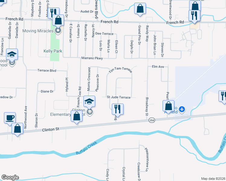 map of restaurants, bars, coffee shops, grocery stores, and more near 34 Organ Crescent in Buffalo