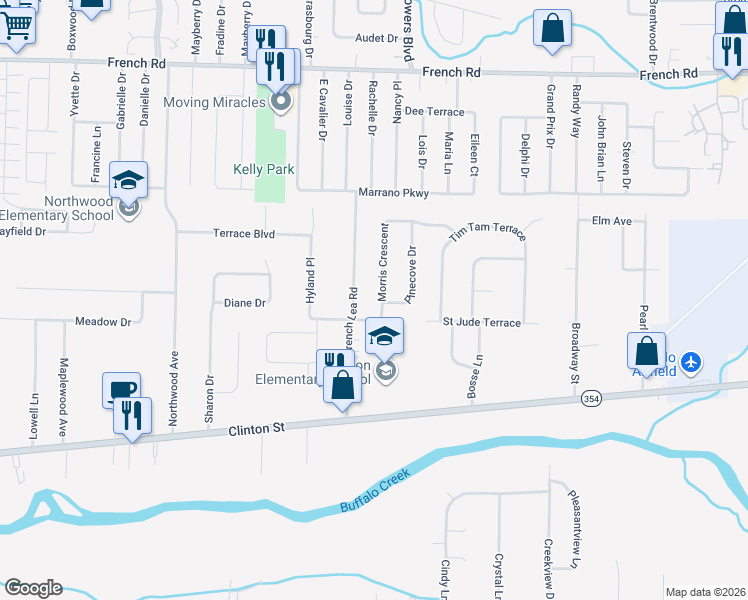 map of restaurants, bars, coffee shops, grocery stores, and more near 50 Pinecove Drive in West Seneca