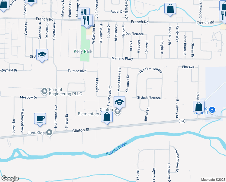 map of restaurants, bars, coffee shops, grocery stores, and more near 154 French Lea Road in Buffalo