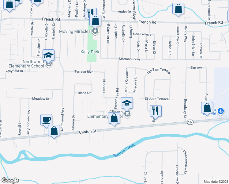 map of restaurants, bars, coffee shops, grocery stores, and more near 154 French Lea Road in Buffalo