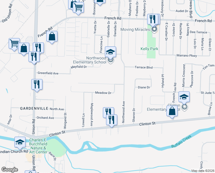 map of restaurants, bars, coffee shops, grocery stores, and more near 336 Forest Drive in Buffalo