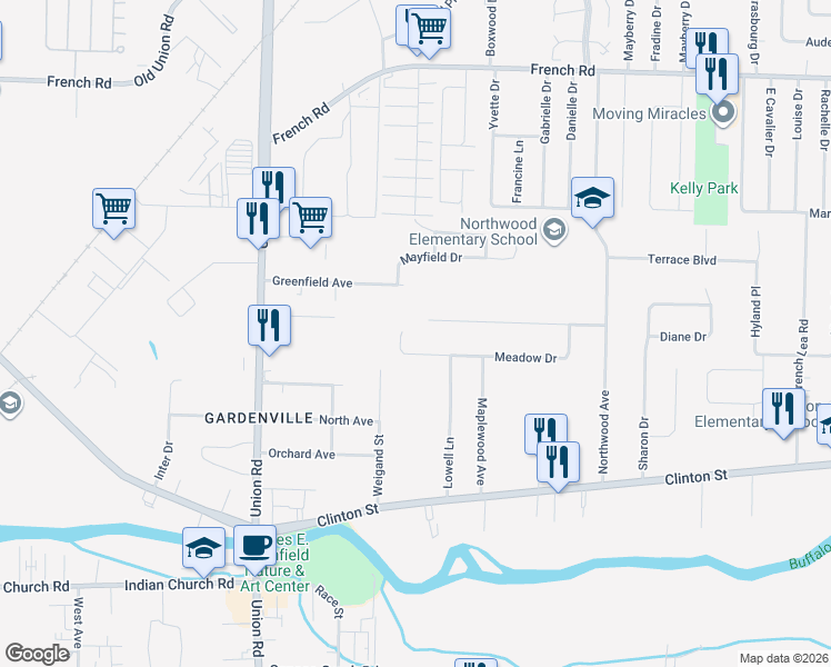 map of restaurants, bars, coffee shops, grocery stores, and more near 364 Meadow Drive in Buffalo