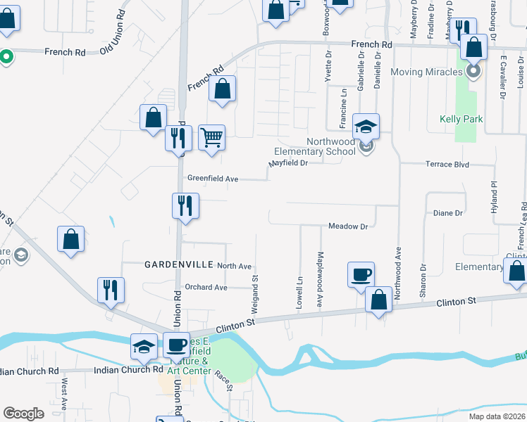 map of restaurants, bars, coffee shops, grocery stores, and more near 341 Meadow Drive in West Seneca