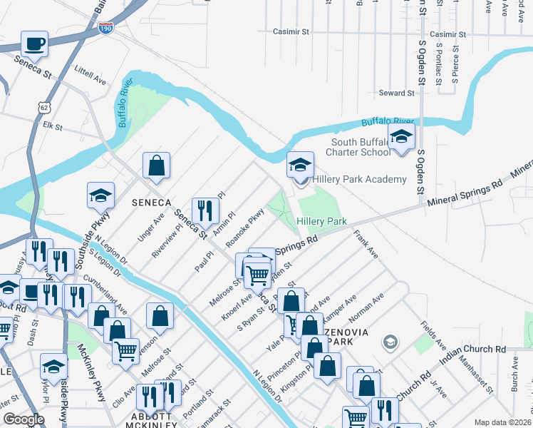 map of restaurants, bars, coffee shops, grocery stores, and more near 93 Roanoke Parkway in Buffalo