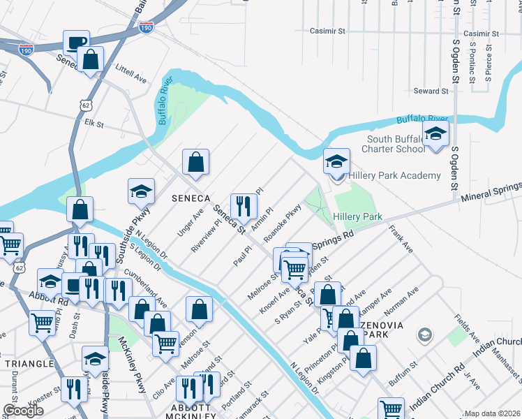 map of restaurants, bars, coffee shops, grocery stores, and more near 43 Pomona Place in Buffalo