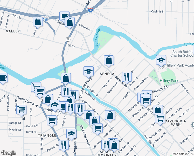 map of restaurants, bars, coffee shops, grocery stores, and more near 471 Southside Parkway in Buffalo