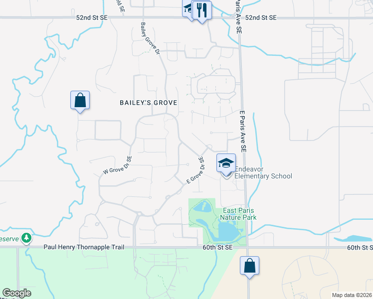 map of restaurants, bars, coffee shops, grocery stores, and more near 5650 East Grove Drive Southeast in Kentwood