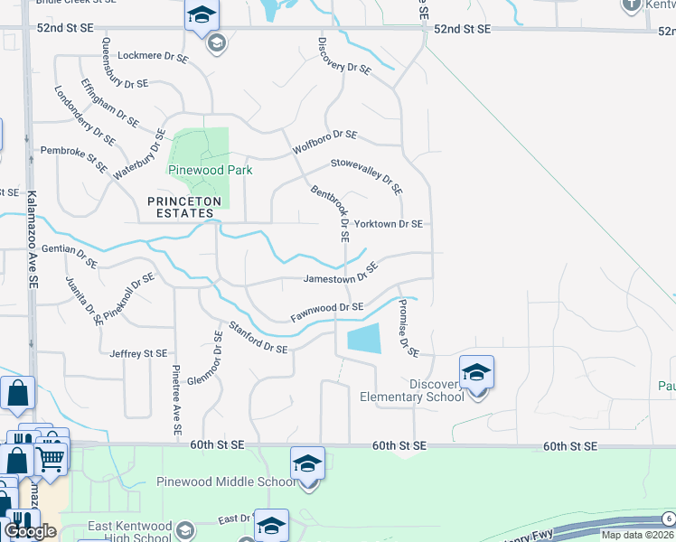 map of restaurants, bars, coffee shops, grocery stores, and more near 5655 Bentbrook Drive Southeast in Kentwood