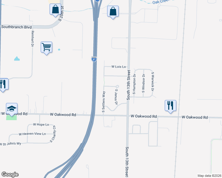 map of restaurants, bars, coffee shops, grocery stores, and more near 1422 West Mario Lane in Oak Creek