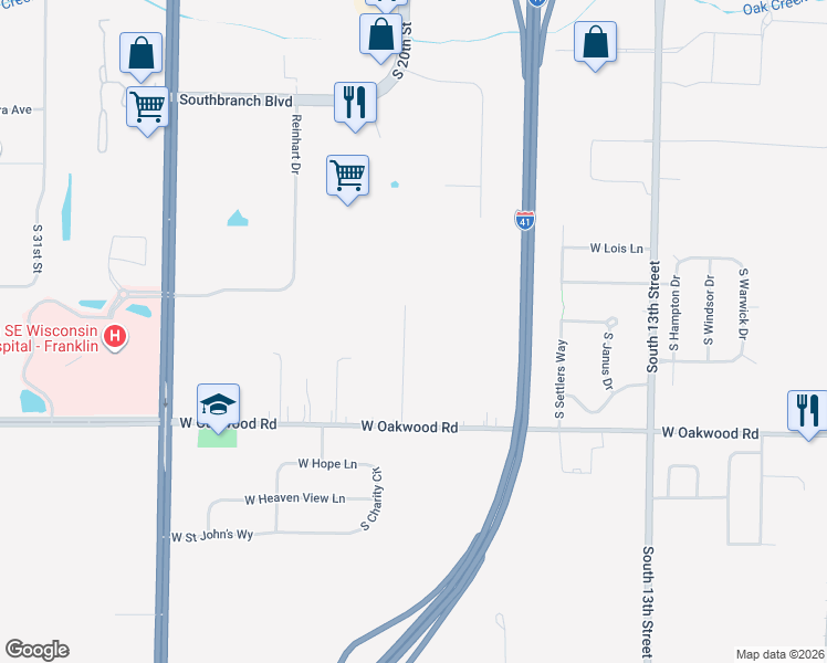 map of restaurants, bars, coffee shops, grocery stores, and more near 10132 South Judith Place in Oak Creek