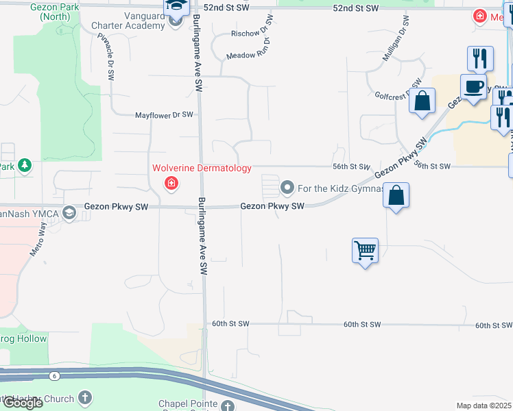 map of restaurants, bars, coffee shops, grocery stores, and more near Gezon Parkway Southwest in Wyoming