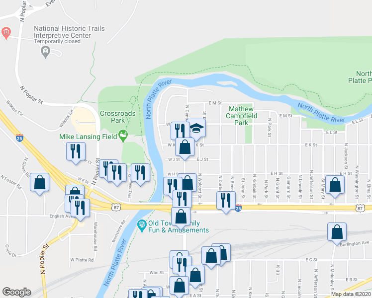 map of restaurants, bars, coffee shops, grocery stores, and more near 103 East K Street in Casper