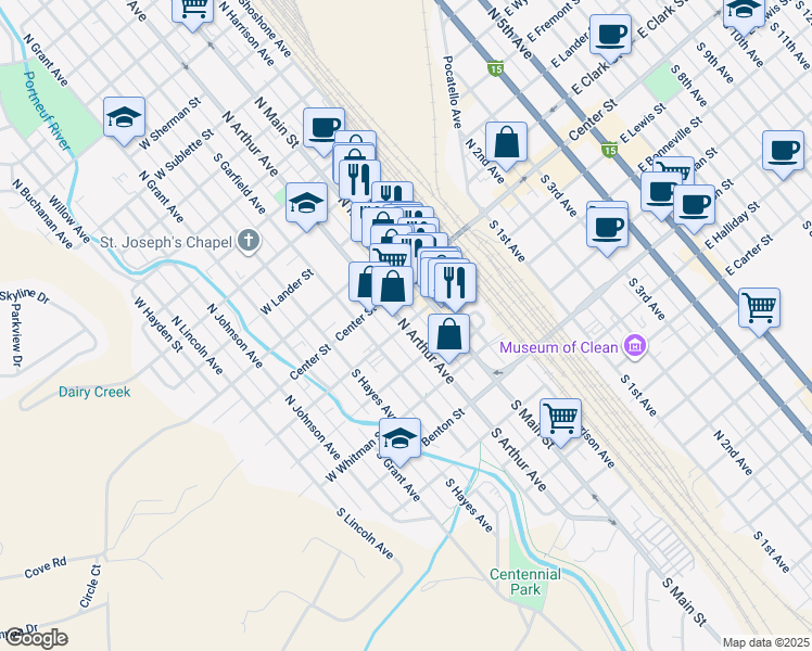 map of restaurants, bars, coffee shops, grocery stores, and more near W Lewis St & S Arthur Ave in Pocatello