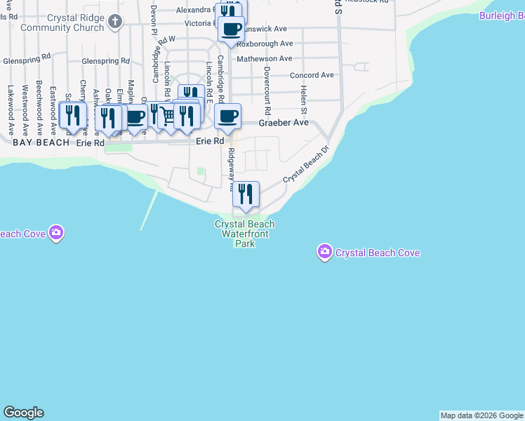 map of restaurants, bars, coffee shops, grocery stores, and more near 3823 Terrace Lane in Fort Erie