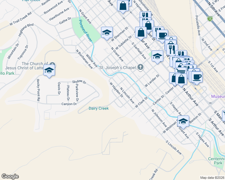 map of restaurants, bars, coffee shops, grocery stores, and more near 946 North Buchanan Avenue in Pocatello