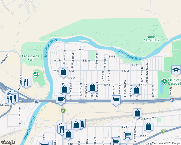 map of restaurants, bars, coffee shops, grocery stores, and more near 1043 Saint John Street in Casper