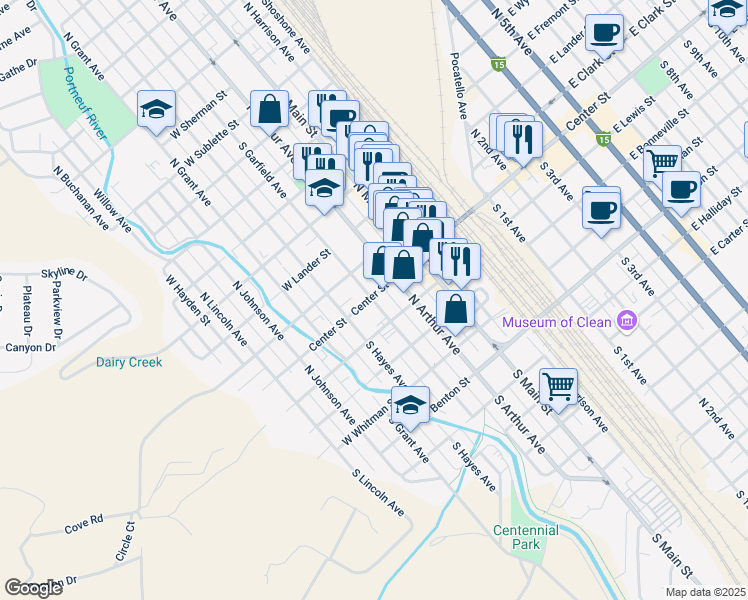 map of restaurants, bars, coffee shops, grocery stores, and more near 105 South Garfield Avenue in Pocatello