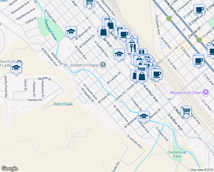 map of restaurants, bars, coffee shops, grocery stores, and more near 251 North Grant Avenue in Pocatello