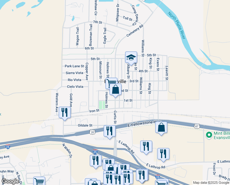 map of restaurants, bars, coffee shops, grocery stores, and more near 171 Curtis Street in Evansville