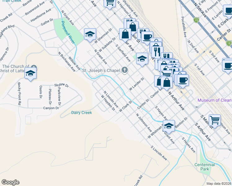 map of restaurants, bars, coffee shops, grocery stores, and more near 300 North Johnson Avenue in Pocatello