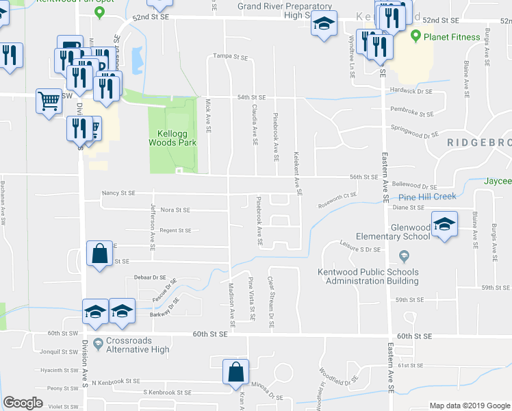 map of restaurants, bars, coffee shops, grocery stores, and more near 5649 Pinebrook Avenue Southeast in Kentwood