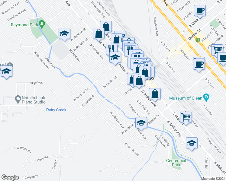 map of restaurants, bars, coffee shops, grocery stores, and more near 217 North Hayes Avenue in Pocatello
