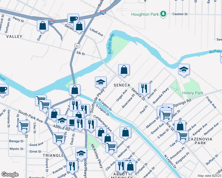 map of restaurants, bars, coffee shops, grocery stores, and more near 471 Southside Parkway in Buffalo
