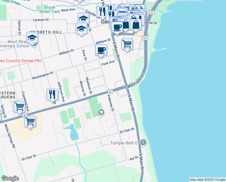 map of restaurants, bars, coffee shops, grocery stores, and more near 85 Hamilton Street in Geneva