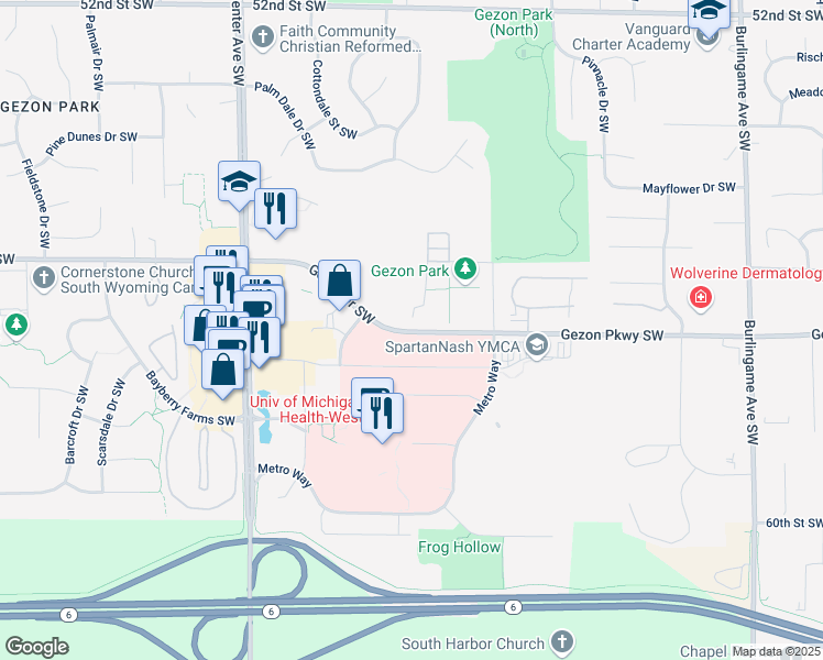 map of restaurants, bars, coffee shops, grocery stores, and more near 2260 Gezon Parkway Southwest in Wyoming