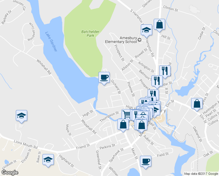 map of restaurants, bars, coffee shops, grocery stores, and more near 8 Lake Avenue in Amesbury