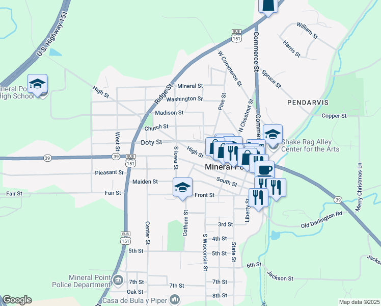 map of restaurants, bars, coffee shops, grocery stores, and more near 326 High Street in Mineral Point