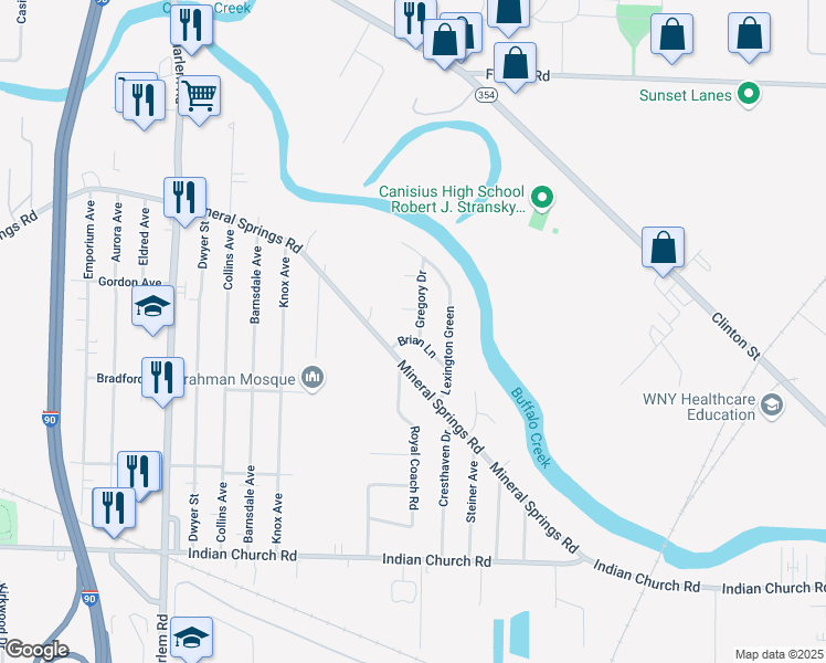 map of restaurants, bars, coffee shops, grocery stores, and more near 15 Frank Court in Buffalo