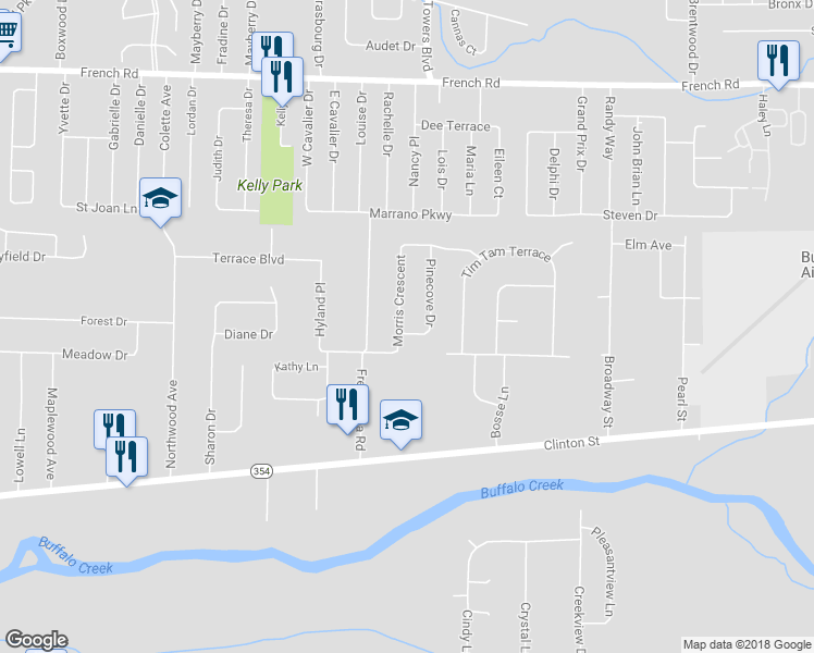 map of restaurants, bars, coffee shops, grocery stores, and more near 50 Pinecove Drive in West Seneca