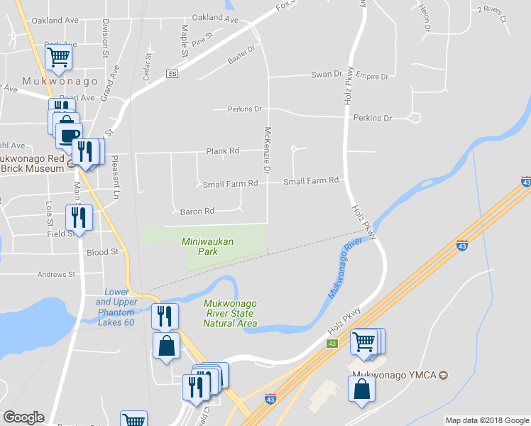 map of restaurants, bars, coffee shops, grocery stores, and more near 229 McKenzie Drive in Mukwonago