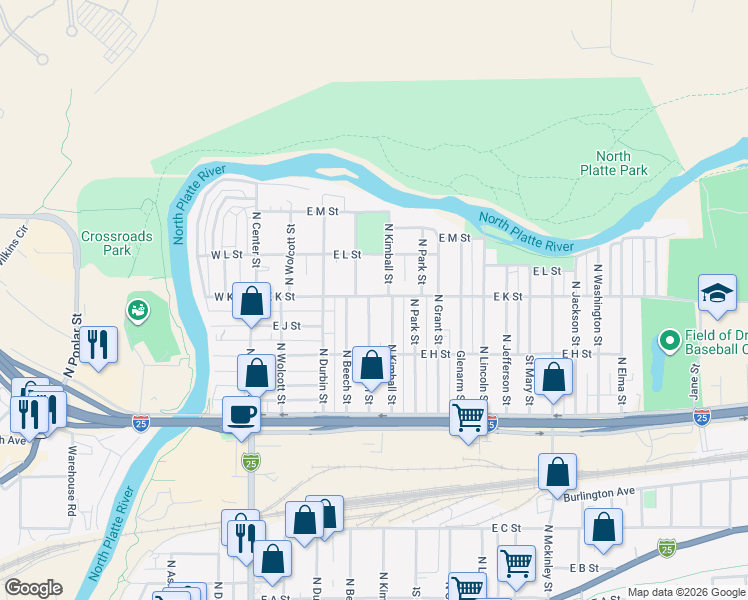 map of restaurants, bars, coffee shops, grocery stores, and more near 1043 Saint John Street in Casper