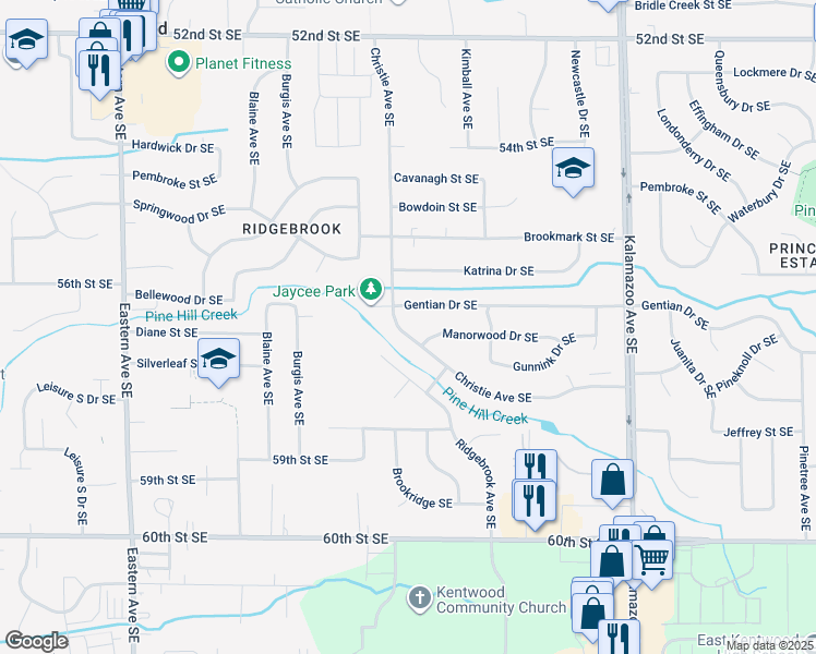 map of restaurants, bars, coffee shops, grocery stores, and more near 5672 Christie Avenue Southeast in Kentwood