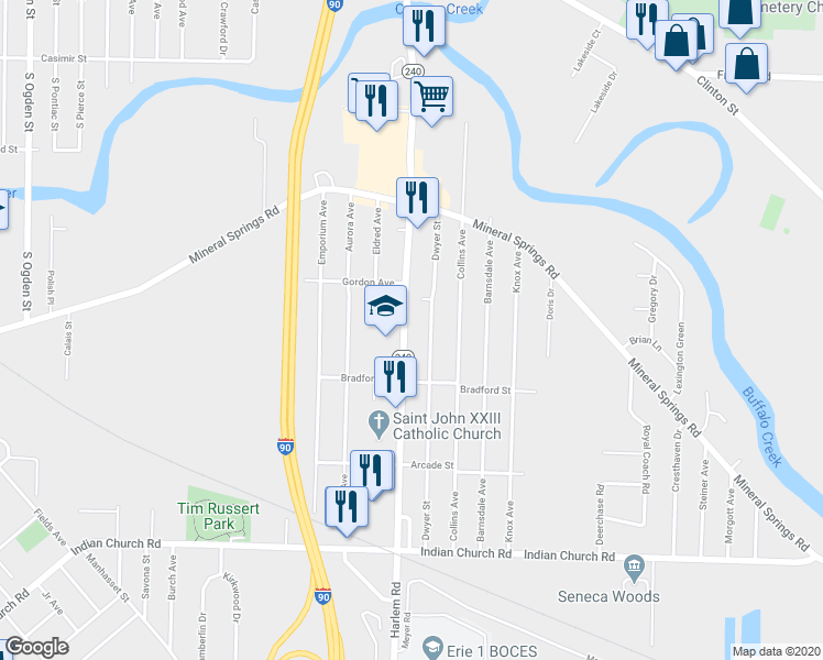 map of restaurants, bars, coffee shops, grocery stores, and more near 661 Harlem Road in Buffalo