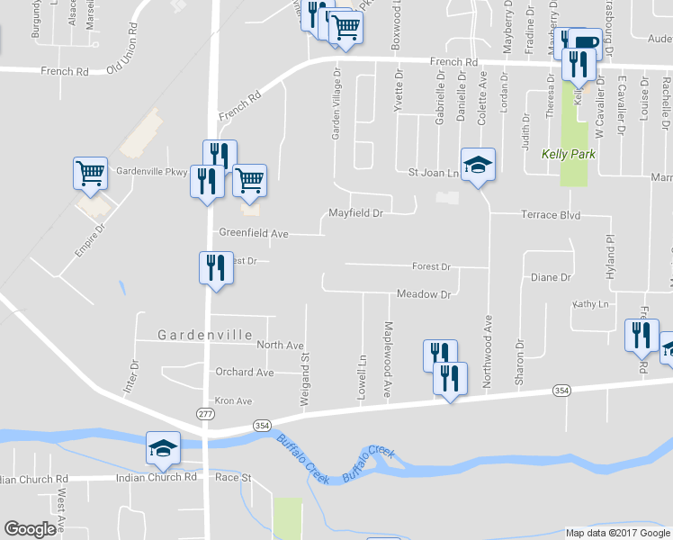 map of restaurants, bars, coffee shops, grocery stores, and more near 364 Meadow Drive in Buffalo