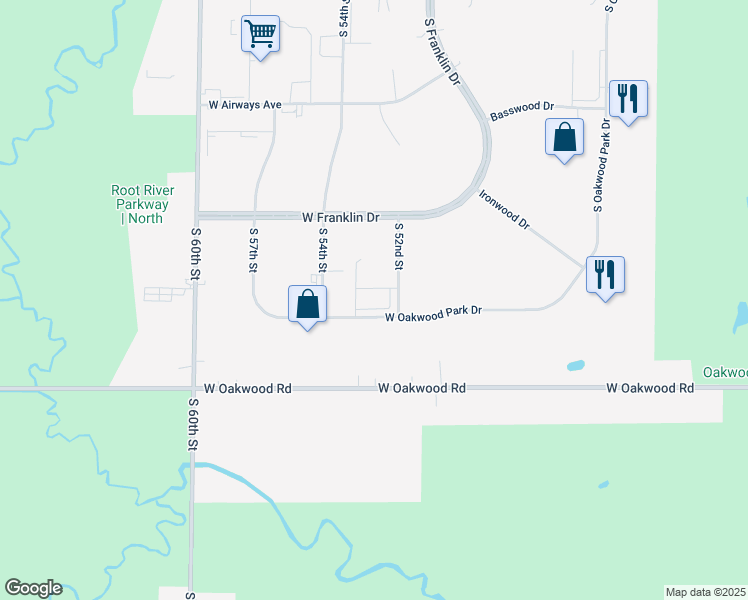 map of restaurants, bars, coffee shops, grocery stores, and more near 10165 South 52nd Street in Franklin