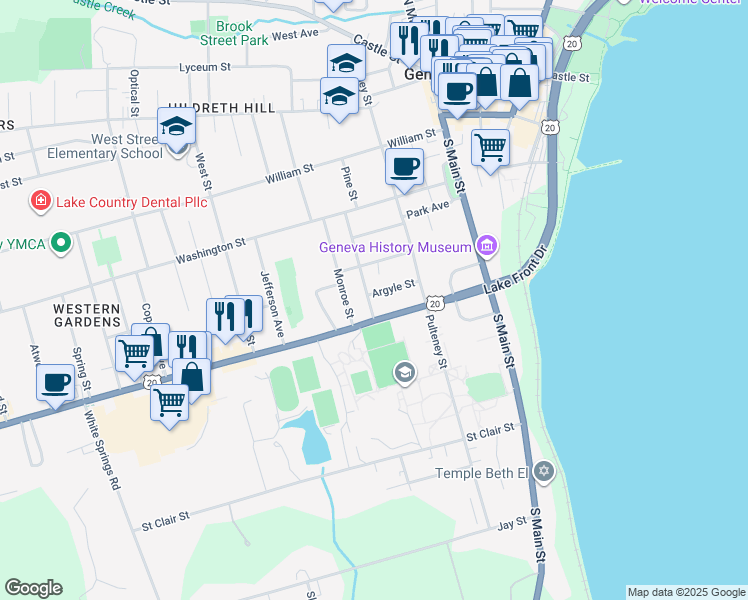 map of restaurants, bars, coffee shops, grocery stores, and more near 33 Argyle Street in Geneva