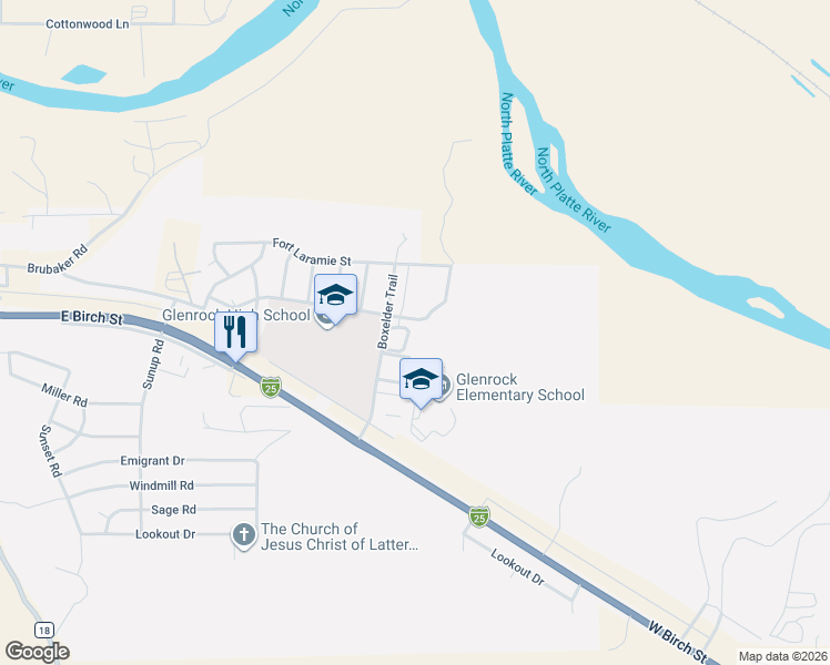 map of restaurants, bars, coffee shops, grocery stores, and more near 170 Roanoke Trail in Glenrock