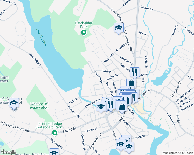 map of restaurants, bars, coffee shops, grocery stores, and more near 29 Orchard Street in Amesbury