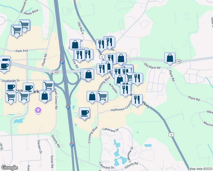 map of restaurants, bars, coffee shops, grocery stores, and more near 7 North Pointe in Saratoga County