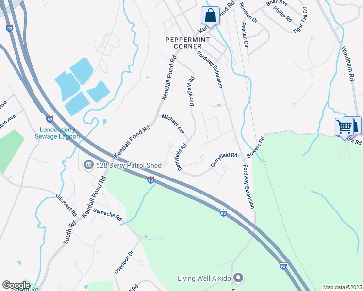map of restaurants, bars, coffee shops, grocery stores, and more near 39 Derryfield Road in Derry