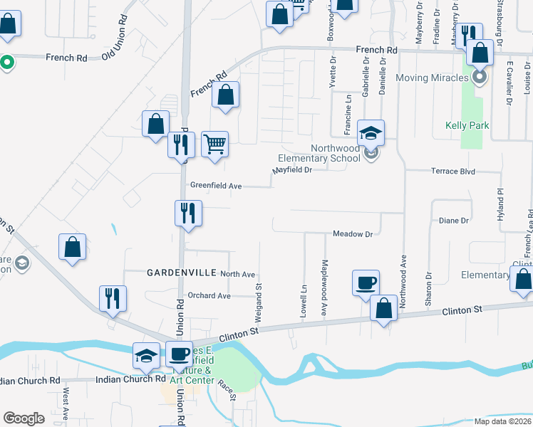 map of restaurants, bars, coffee shops, grocery stores, and more near 341 Meadow Drive in West Seneca