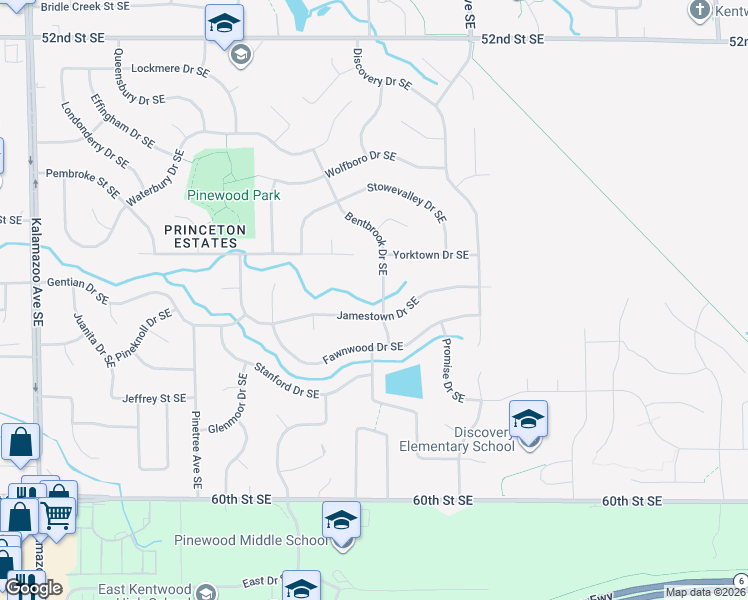 map of restaurants, bars, coffee shops, grocery stores, and more near 5655 Bentbrook Drive Southeast in Kentwood