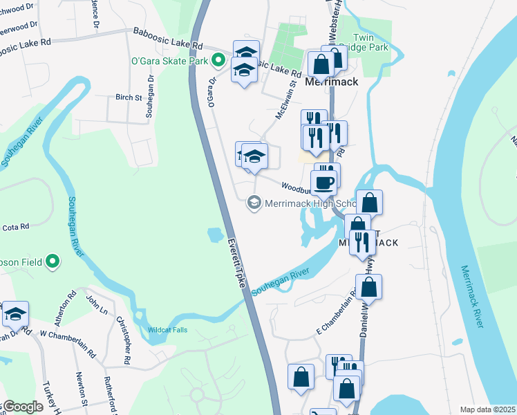 map of restaurants, bars, coffee shops, grocery stores, and more near 38 McElwain Street in Merrimack