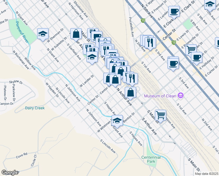map of restaurants, bars, coffee shops, grocery stores, and more near 435 West Center Street in Pocatello